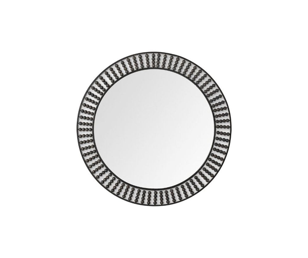 Round Black Metal Frame Wall Mirror with Wood Beads - 42-inch