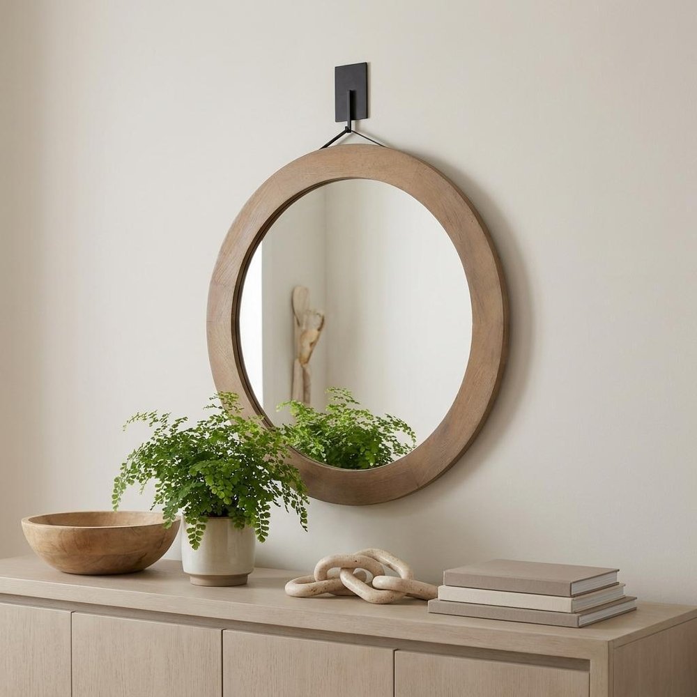 Brown Round Wood Framed Rope Hanging Accent Mirror - 44-inch