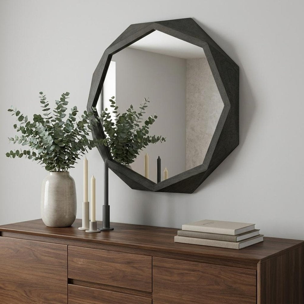 Octagon Black Wood Frame Wall Mirror - 32-inch
