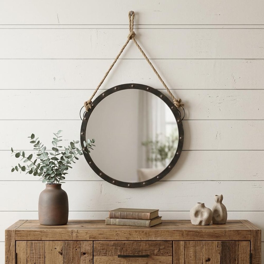 Black Metal Round Framed Accent Mirror - 39-inch
