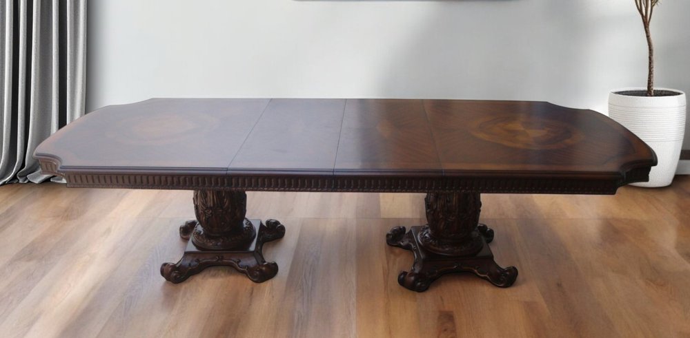 Brown Solid Wood and Solid Manufactured Wood Double Pedestal Base Dining Table