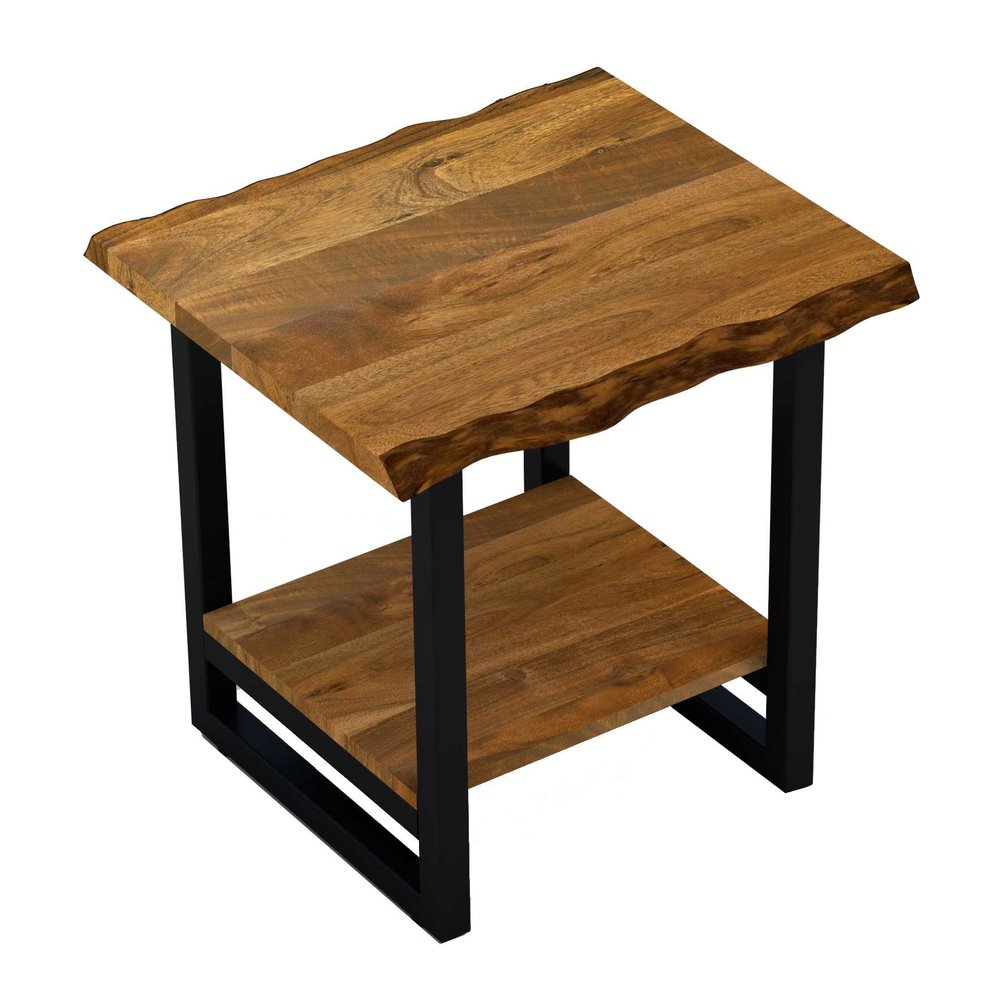Brown and Black Solid Wood and Iron Square Frame End Table with Shelf