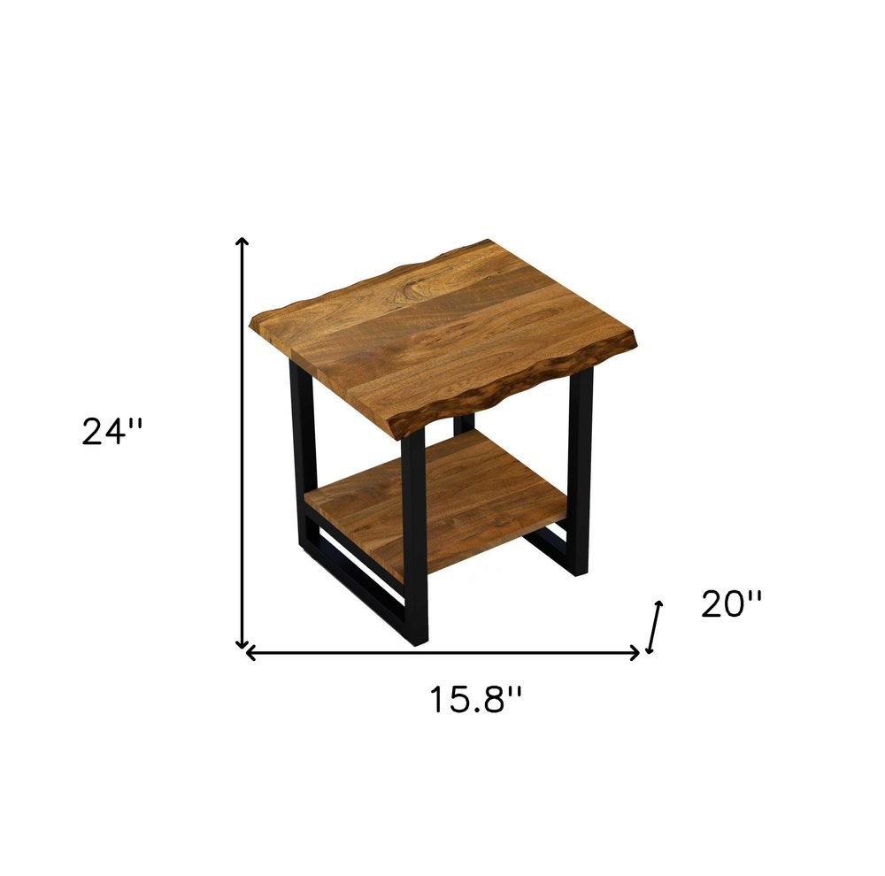 Brown and Black Solid Wood and Iron Square Frame End Table with Shelf