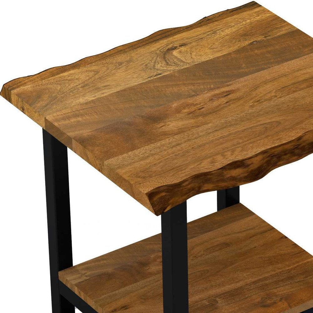 Brown and Black Solid Wood and Iron Square Frame End Table with Shelf
