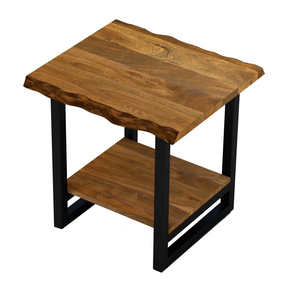 Brown and Black Solid Wood and Iron Square Frame End Table with Shelf