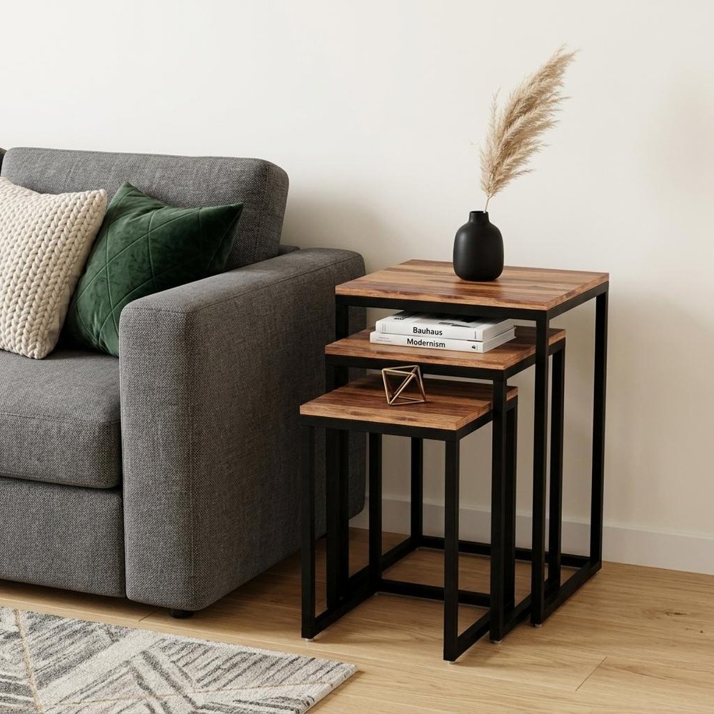 Set of Three 17 Black and Brown Solid Wood Nested Tables
