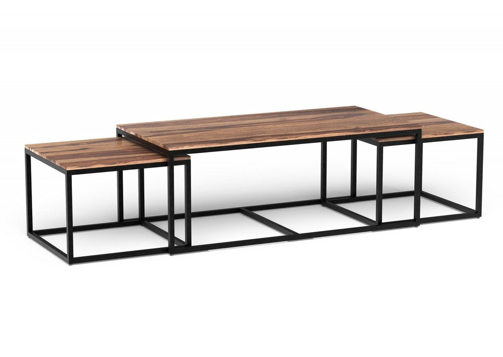 Set of Three 47 Natural and Black Solid Wood and Iron Coffee Table