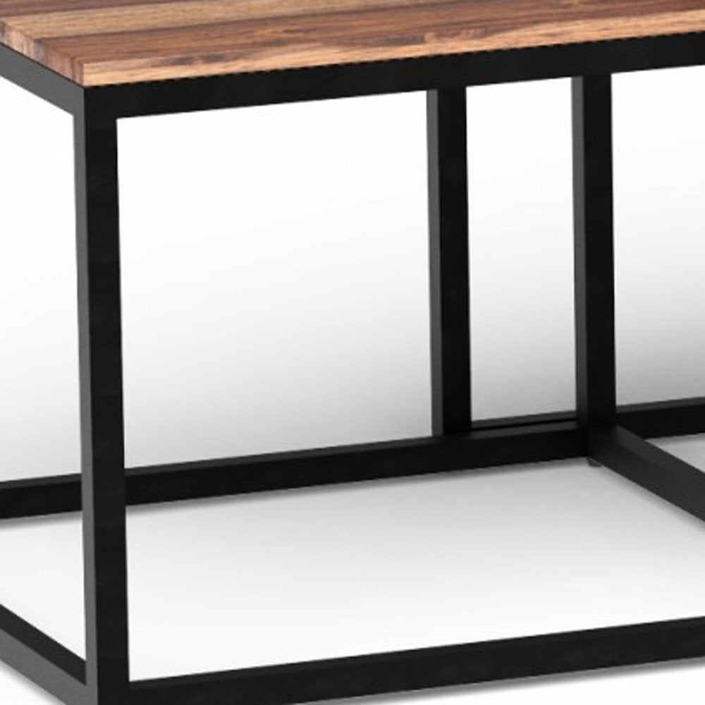 Set of Three 47 Natural and Black Solid Wood and Iron Coffee Table