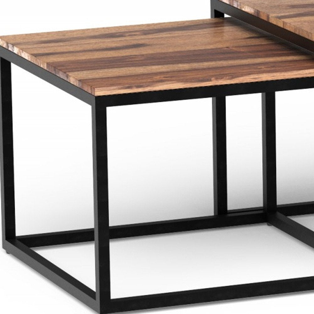 Set of Three 47 Natural and Black Solid Wood and Iron Coffee Table