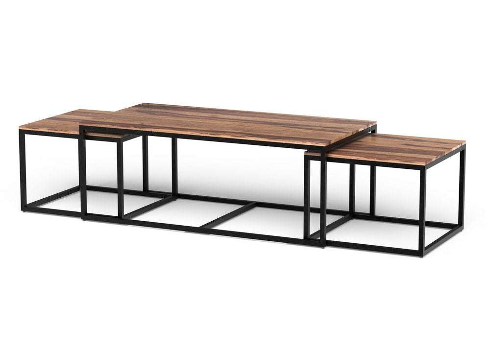 Set of Three 47 Natural and Black Solid Wood and Iron Coffee Table