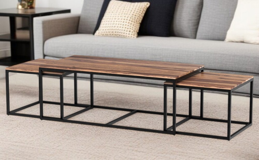 Set of Three 47 Natural and Black Solid Wood and Iron Coffee Table