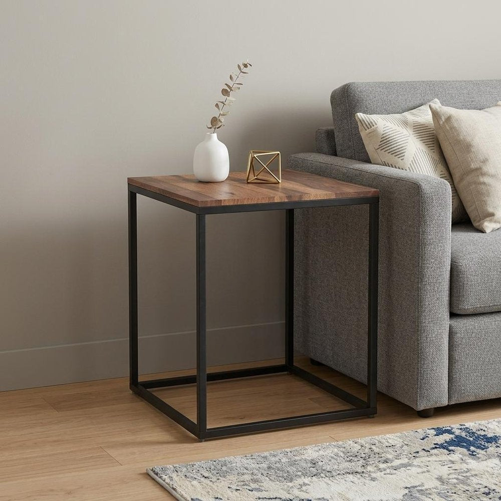 Black and Brown Solid Wood and Iron Square End Table - 24-inch
