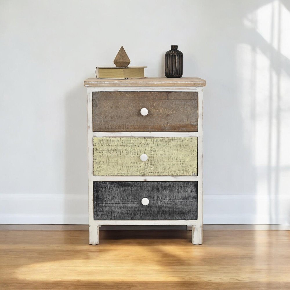 White Gray and Natural Distressed Accent Cabinet with Three Drawers - 19-inch