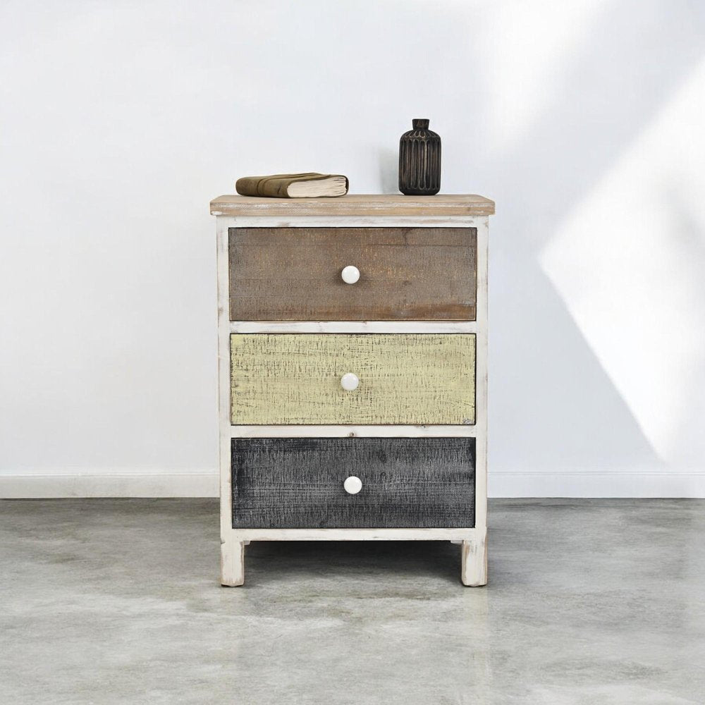 White Gray and Natural Distressed Accent Cabinet with Three Drawers - 19-inch