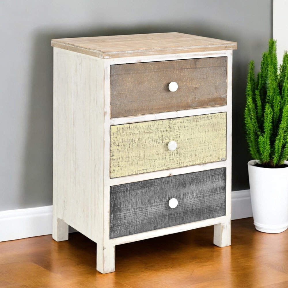 White Gray and Natural Distressed Accent Cabinet with Three Drawers - 19-inch