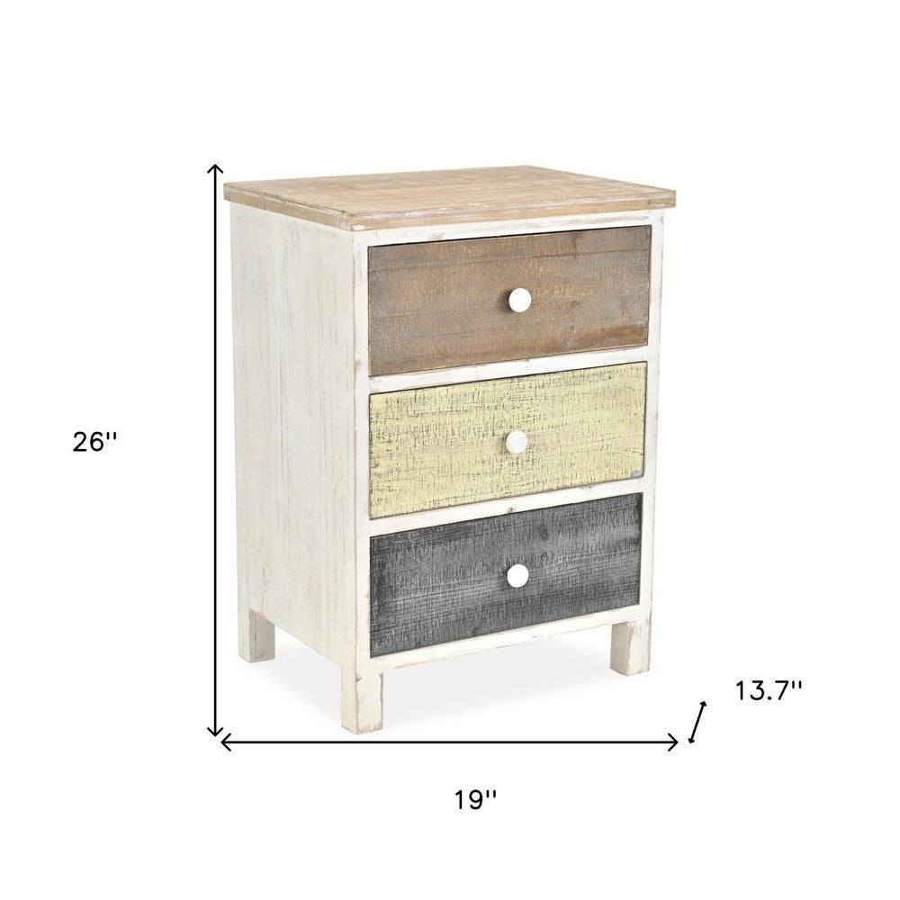 White Gray and Natural Distressed Accent Cabinet with Three Drawers - 19-inch