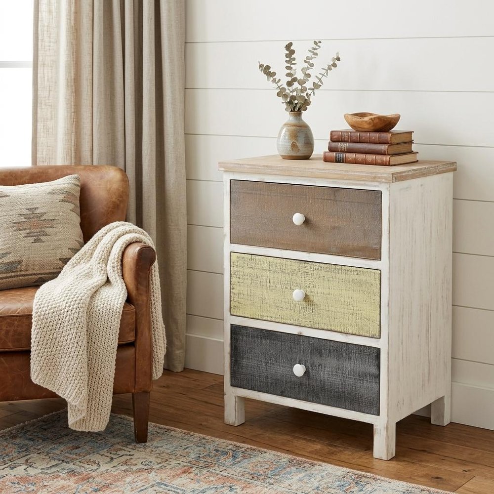 White Gray and Natural Distressed Accent Cabinet with Three Drawers - 19-inch