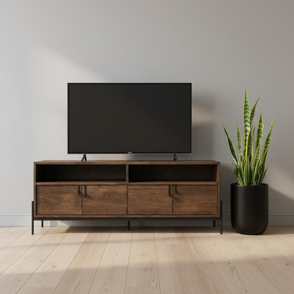 Brown and Black Solid Wood Cabinet Enclosed Storage TV Stand - 62-inch