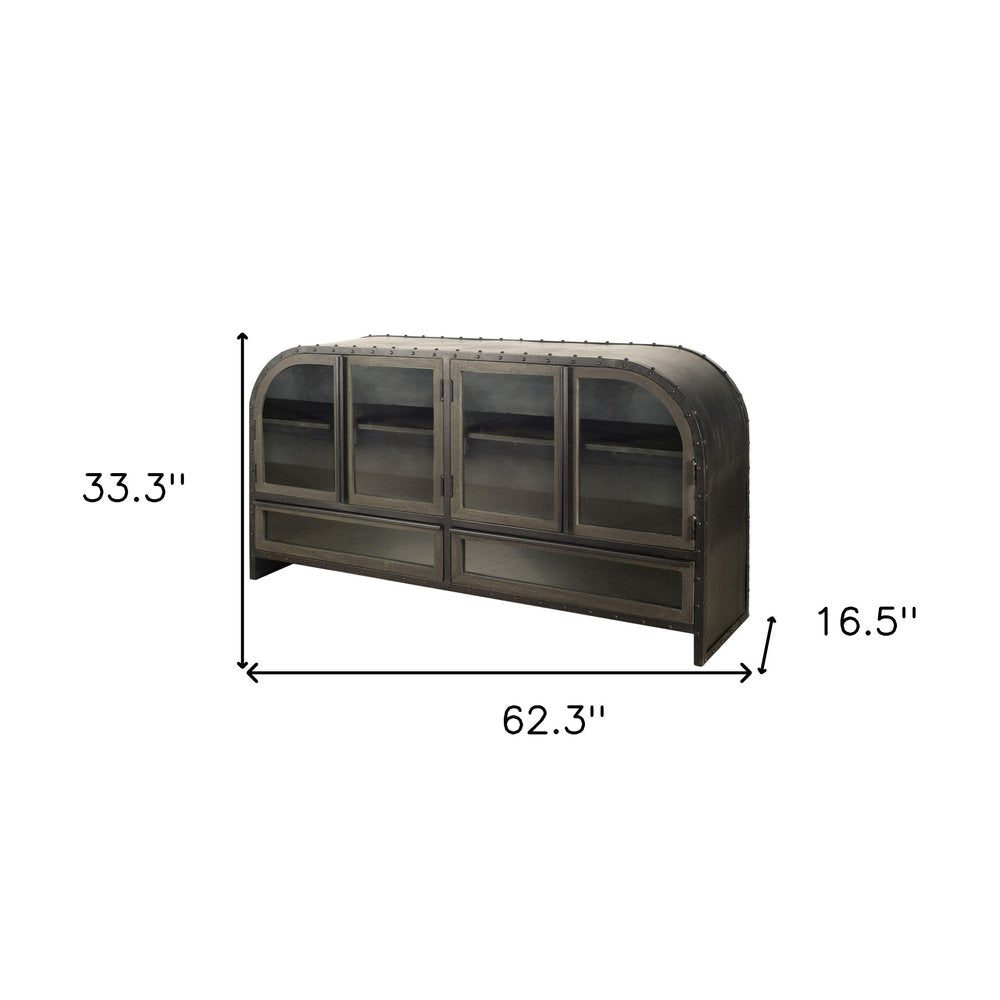Dark Brown Iron Two Drawer Sideboard with Four Glass Doors - 62-inch