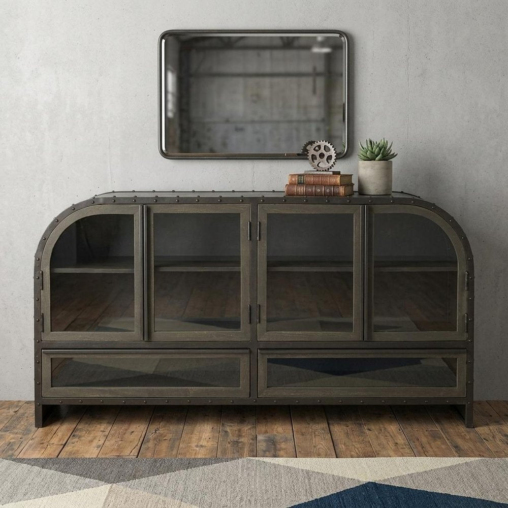 Dark Brown Iron Two Drawer Sideboard with Four Glass Doors - 62-inch