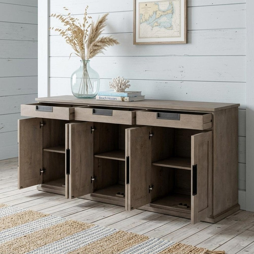 Brown Solid Wood Three Drawer Sideboard with Six Doors - 82-inch