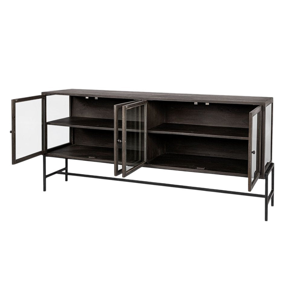 Black Solid Wood Sideboard with Four Glass Doors - 70-inch