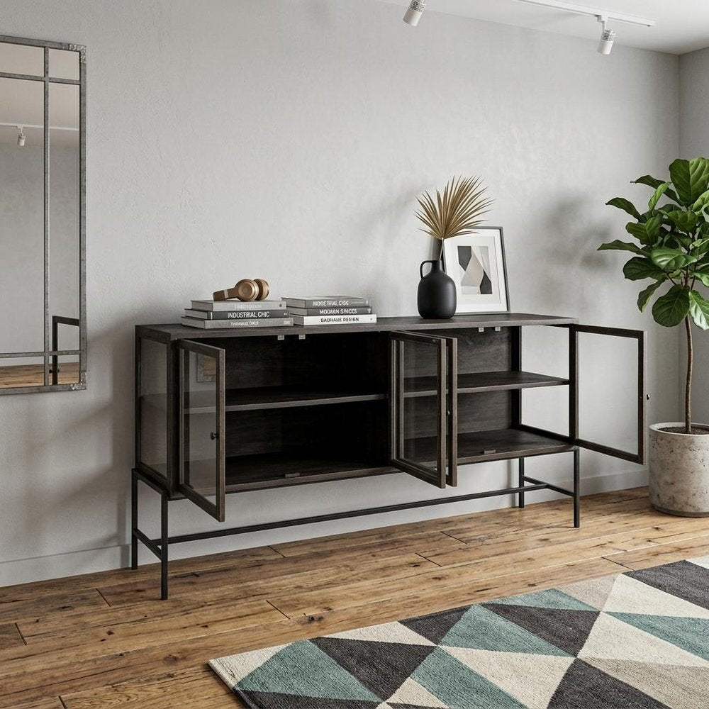 Black Solid Wood Sideboard with Four Glass Doors - 70-inch