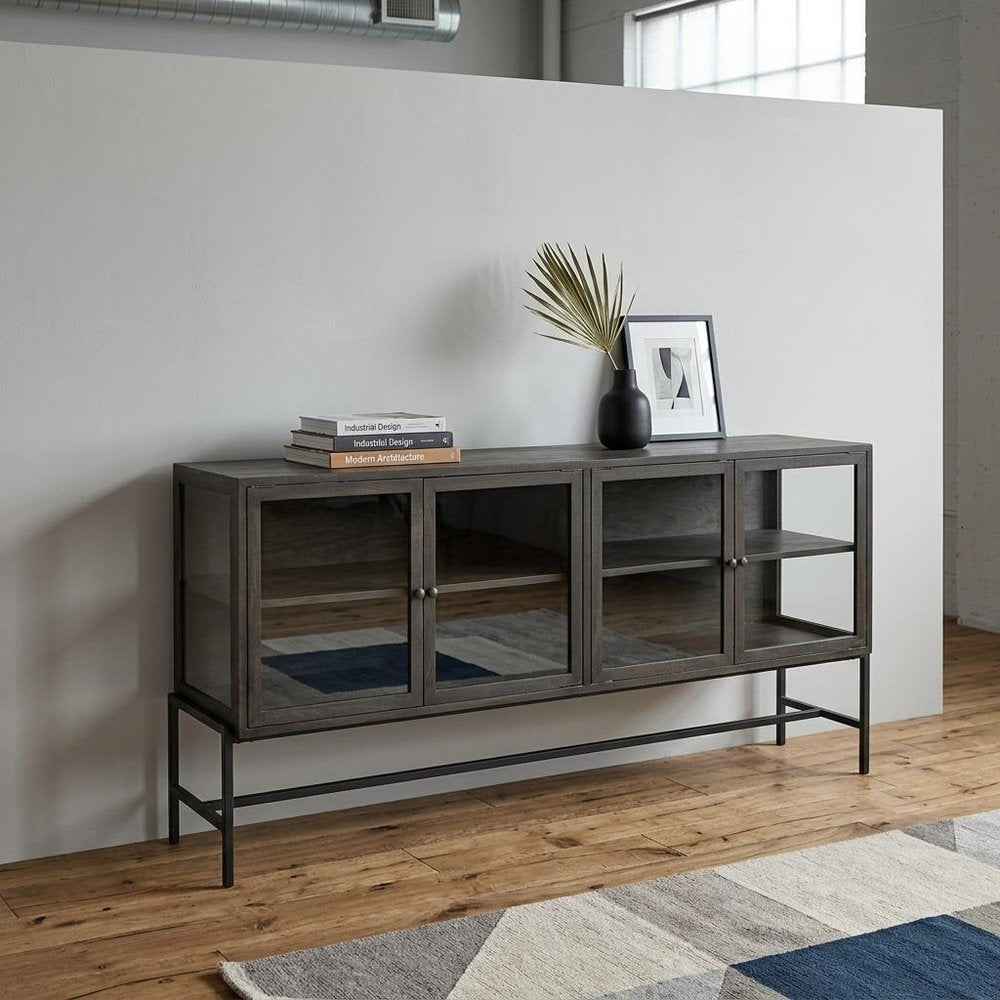 Black Solid Wood Sideboard with Four Glass Doors - 70-inch