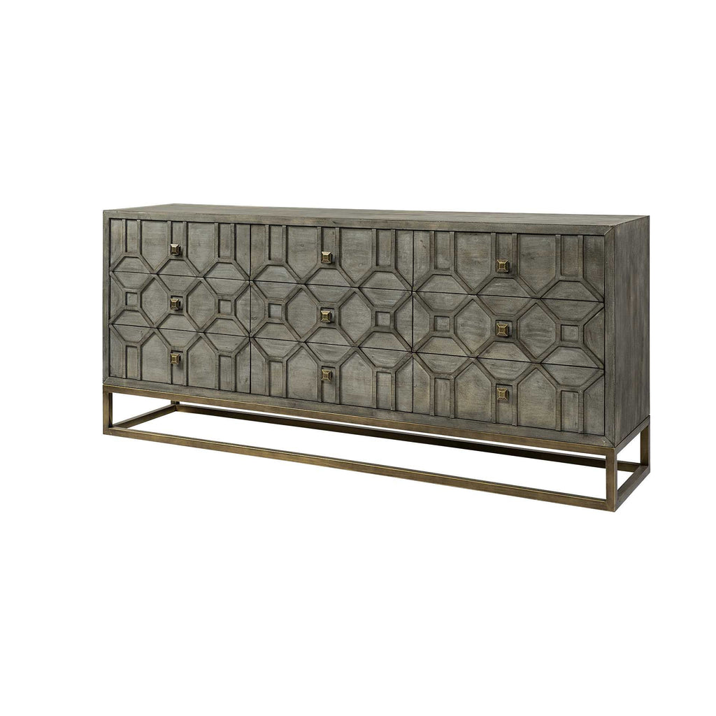 Brown and Antiqued Gold Solid Wood Nine Drawer Sideboard - 16-inch