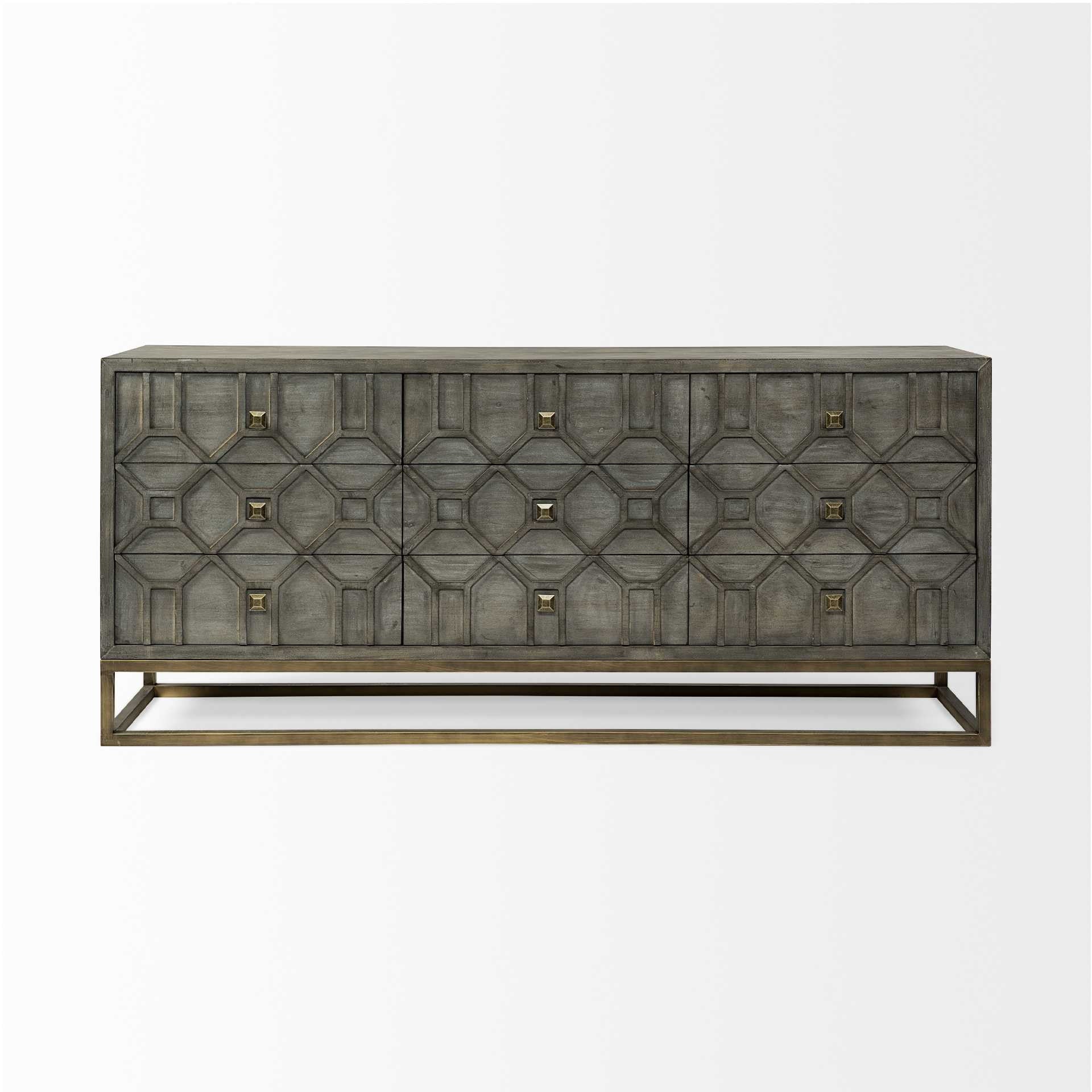 Brown and Antiqued Gold Solid Wood Nine Drawer Sideboard - 16-inch
