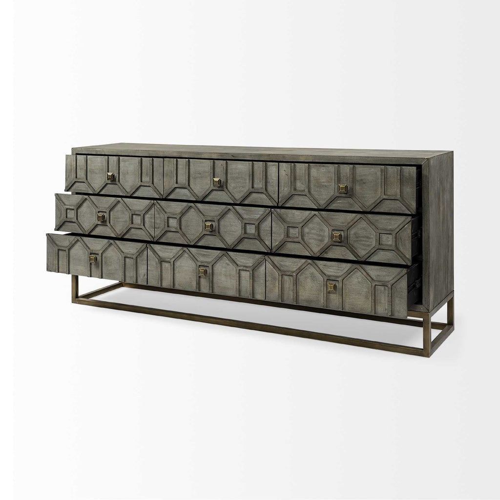 Brown and Antiqued Gold Solid Wood Nine Drawer Sideboard - 16-inch