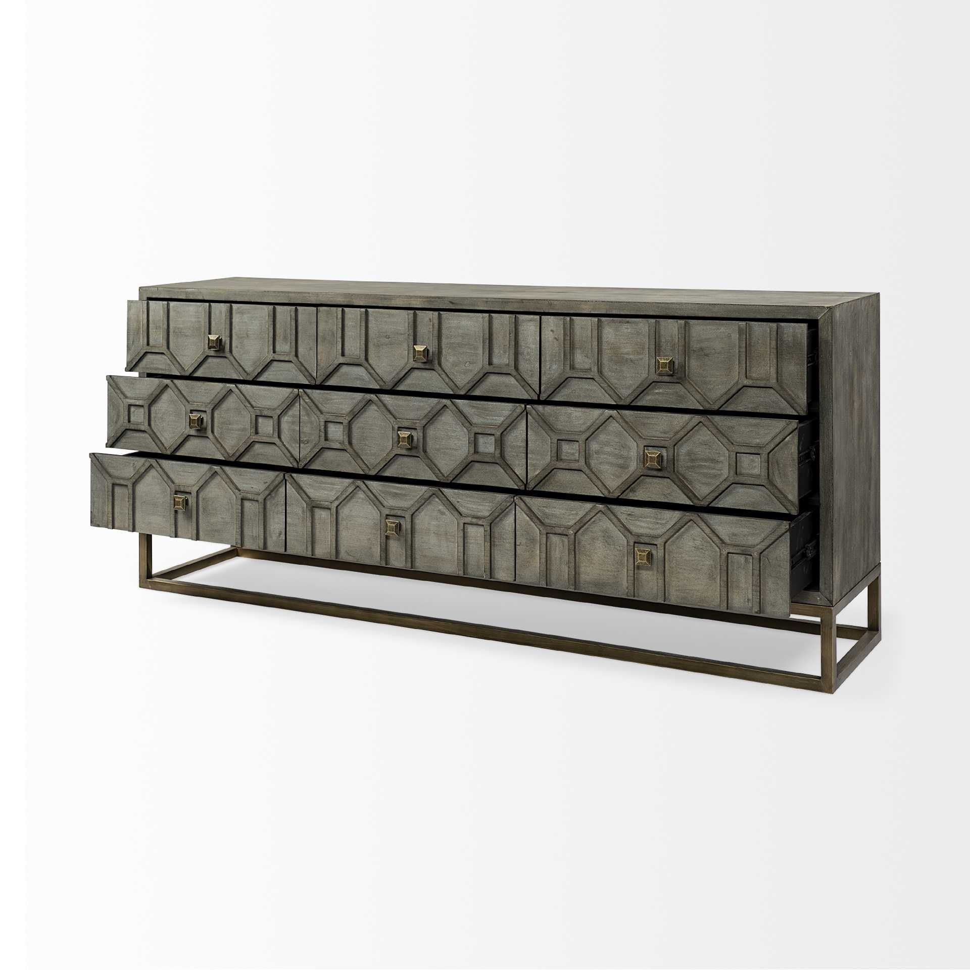 Brown and Antiqued Gold Solid Wood Nine Drawer Sideboard - 16-inch