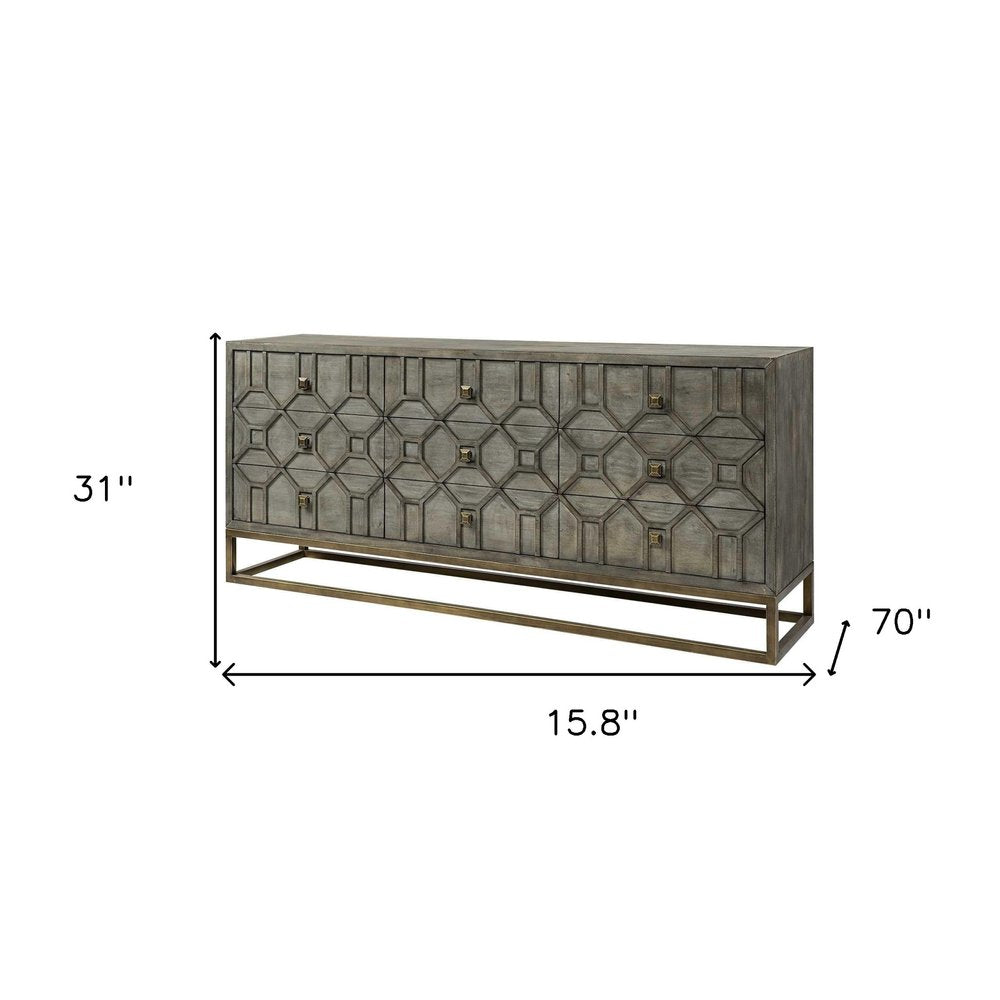 Brown and Antiqued Gold Solid Wood Nine Drawer Sideboard - 16-inch