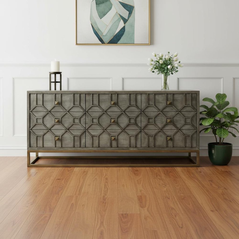 Brown and Antiqued Gold Solid Wood Nine Drawer Sideboard - 16-inch