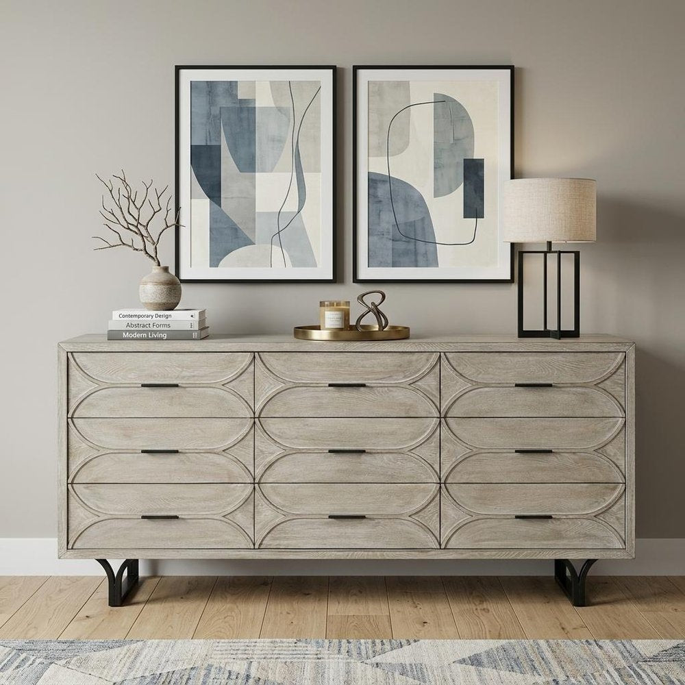 Light Brown Solid Wood Nine Drawer Sideboard - 70-inch