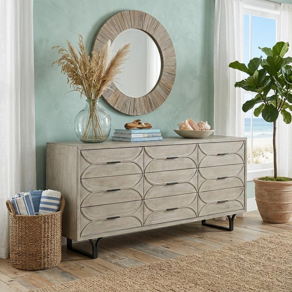 Light Brown Solid Wood Nine Drawer Sideboard - 70-inch