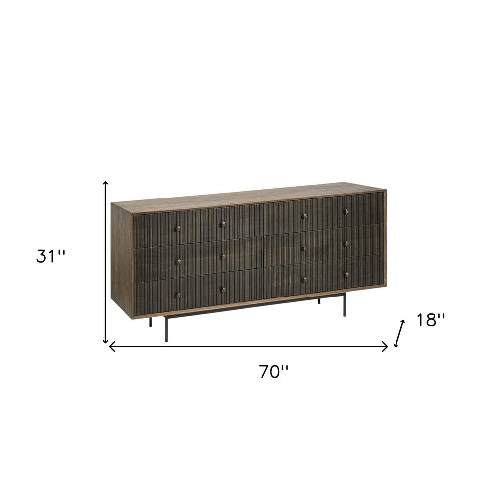 Brown and Black Solid Wood Six Drawer Sideboard - 70-inch