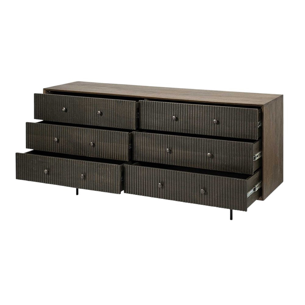 Brown and Black Solid Wood Six Drawer Sideboard - 70-inch