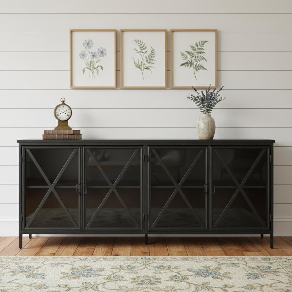 Black Iron Sideboard with Four Glass Doors - 16-inch