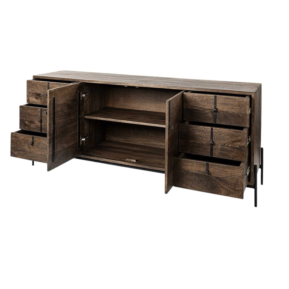 Brown Solid Wood Six Drawer Sideboard with Two Doors - 72-inch