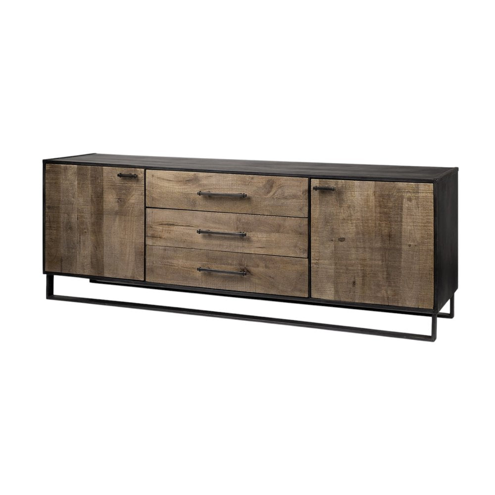 Brown and Black Solid Wood Three Drawer Sideboard with Two Doors - 82-inch
