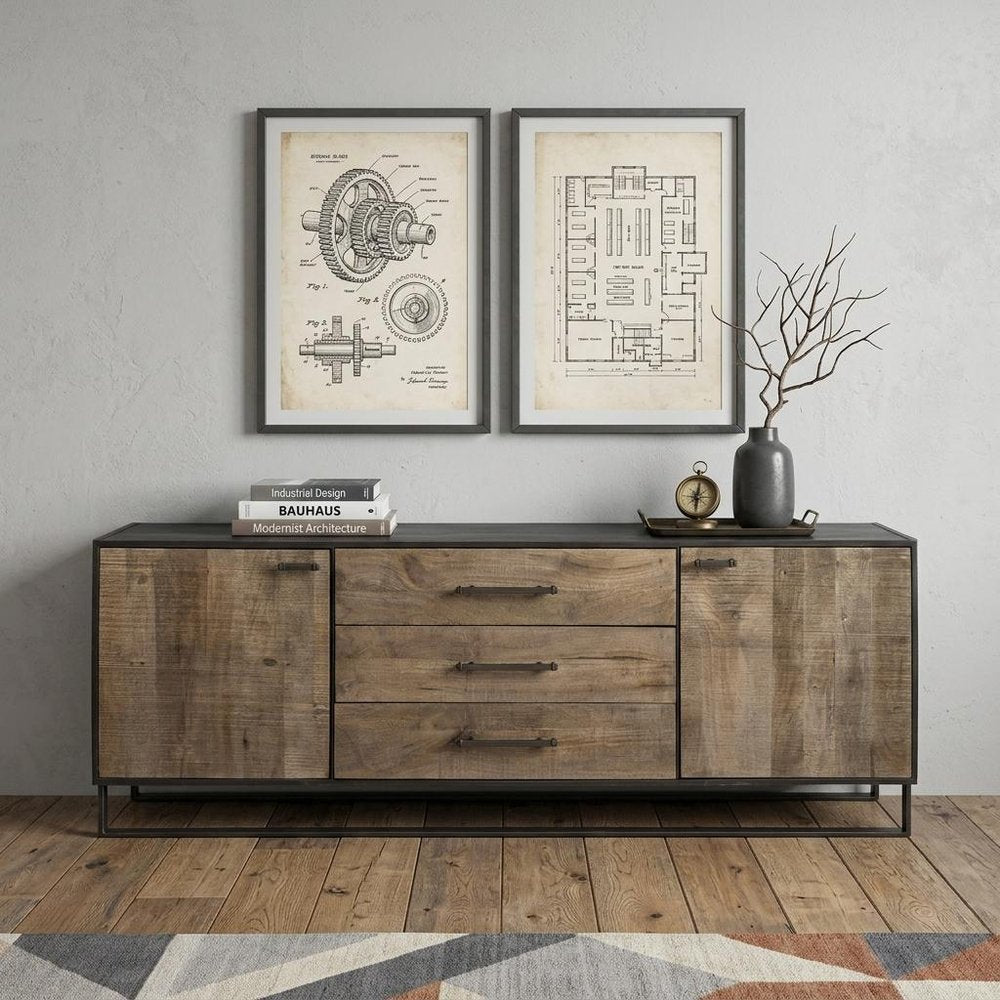 Brown and Black Solid Wood Three Drawer Sideboard with Two Doors - 82-inch
