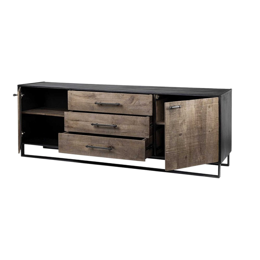 Brown and Black Solid Wood Three Drawer Sideboard with Two Doors - 82-inch