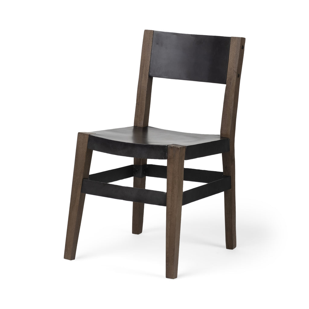 Black and Brown Metal and Wood Open Back Dining Side Chair