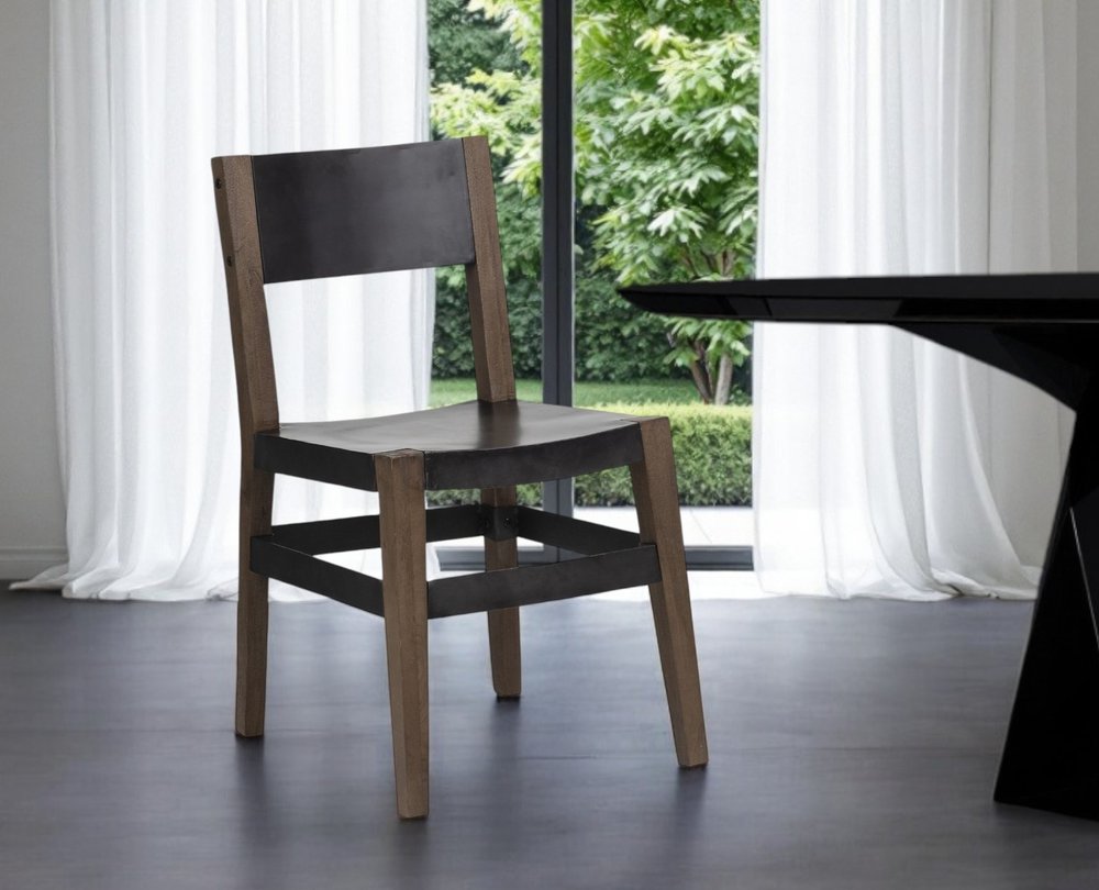 Black and Brown Metal and Wood Open Back Dining Side Chair