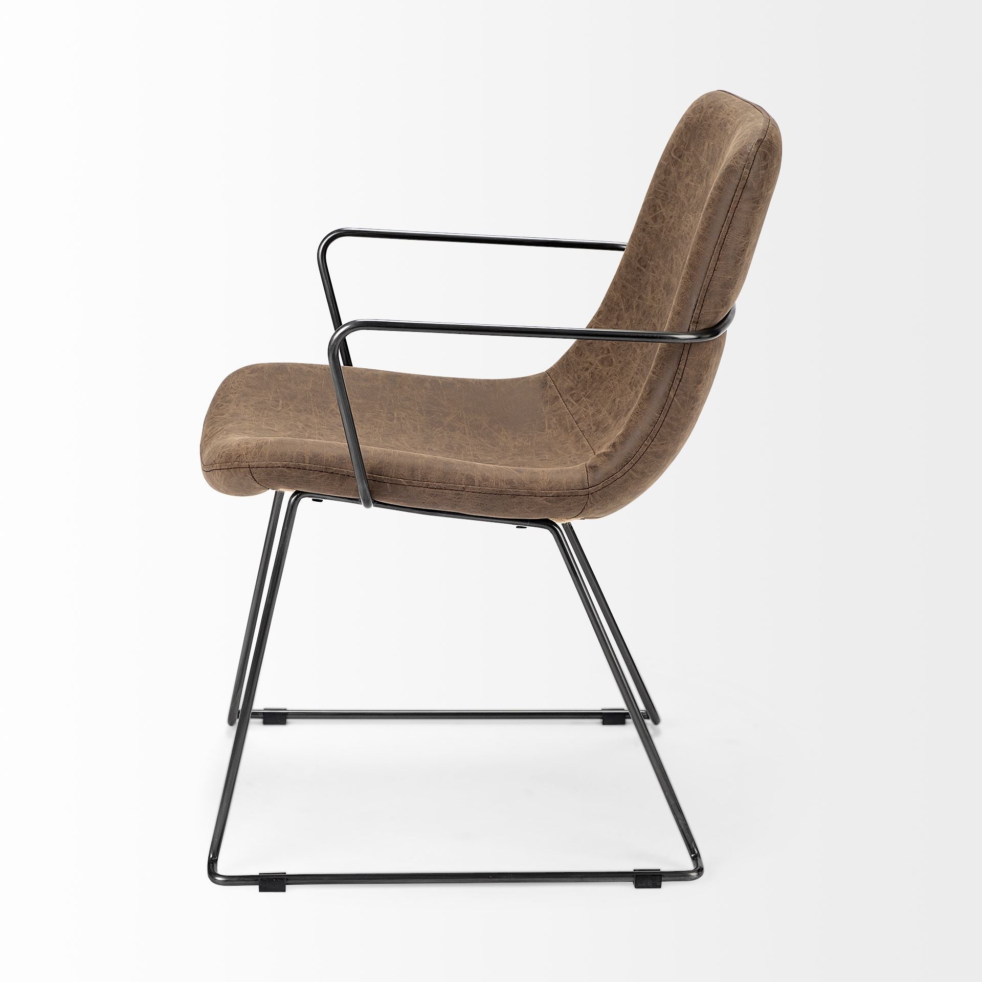 Brown and Black Upholstered Faux Leather Dining Arm Chair