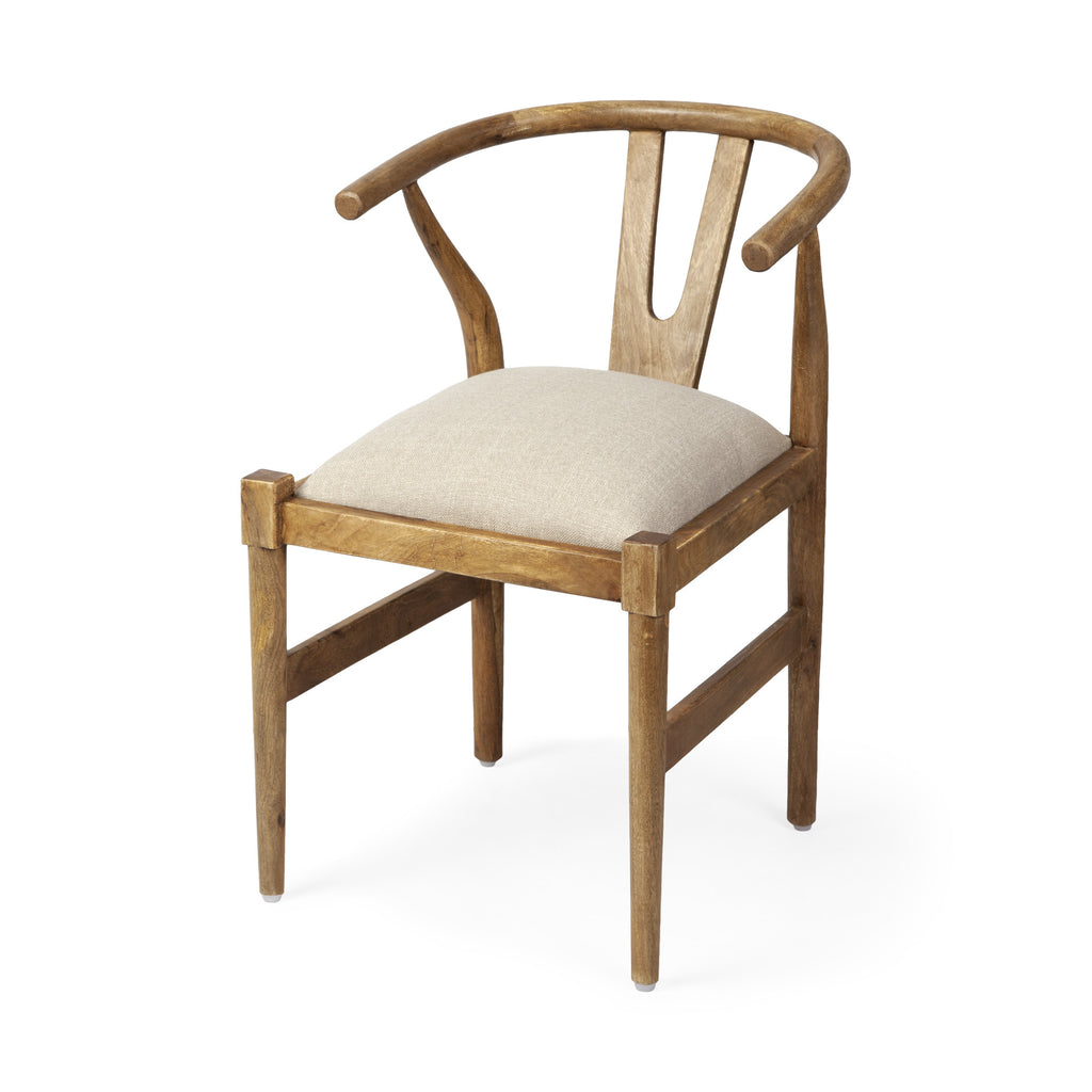 Beige and Brown Upholstered Fabric Wishbone Back