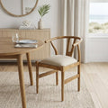 Beige and Brown Upholstered Fabric Wishbone Back