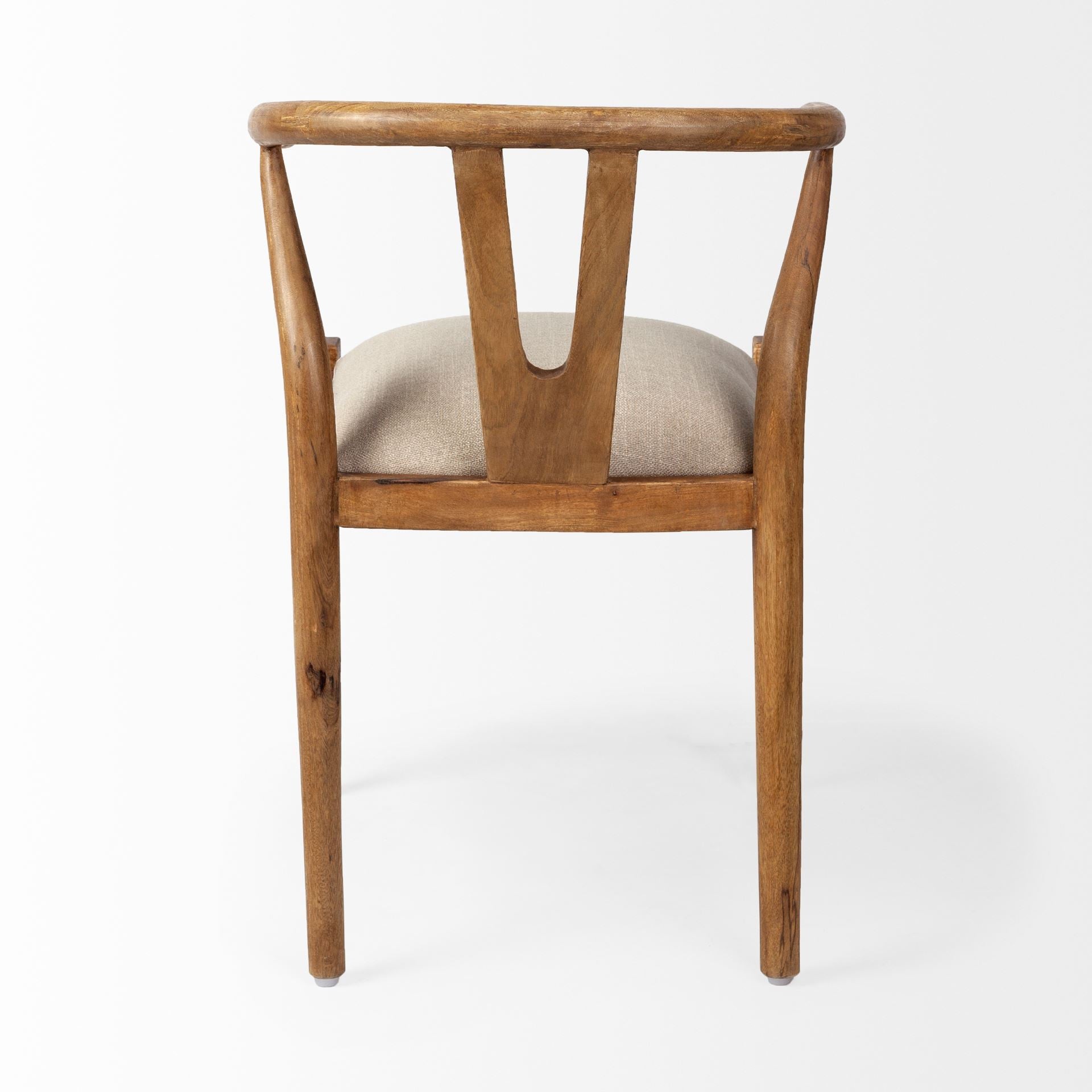 Beige and Brown Upholstered Fabric Wishbone Back