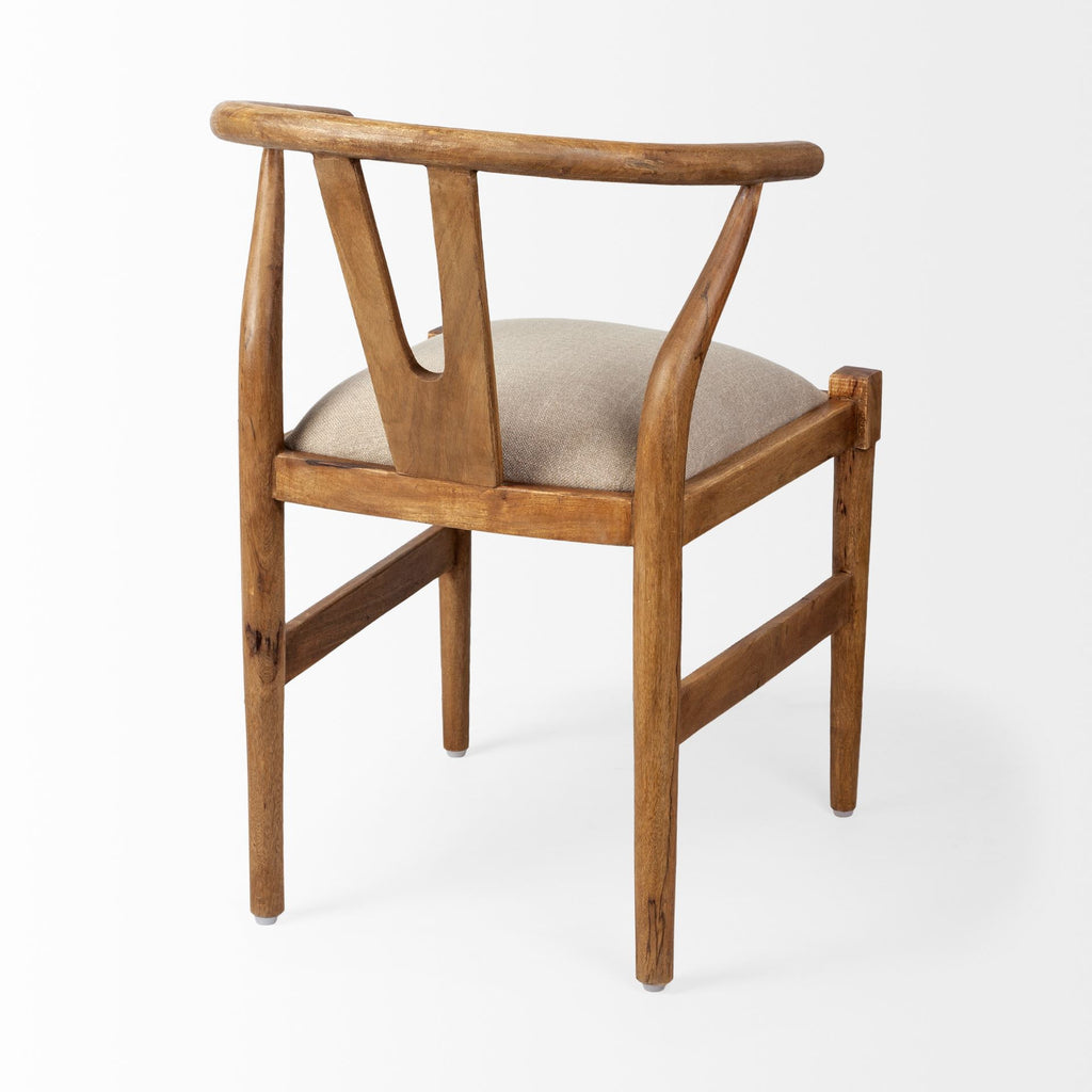 Beige and Brown Upholstered Fabric Wishbone Back